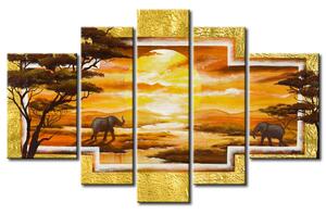 Obraz Krajina (5dílný) - putující sloni po savaně na pozadí slunce