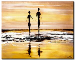 Obraz Procházka po pláži (1dílný) - lidé u moře při západu slunce