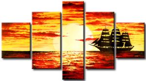 Obraz Žaglovník (5dílný) - krajina se lodí při západu slunce