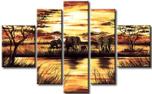 Obraz Krajina (5dílný) - motiv savany s rodinou slonů u vodního díla
