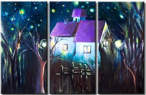 Obraz Pohádková noc (3dílný) - krajina s domem obklopeným světlými hvězdami