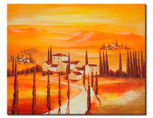 Obraz Teplo Toskánsko (1dílný) - oranžová krajina s domy a cestou