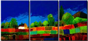 Obraz Letní vesnice (3dílný) - krajina s barevnými poli a bílou chalupou