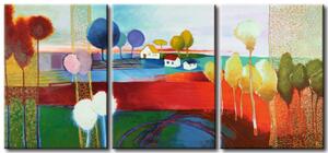 Obraz Senná krajina I (3dílný) - abstrakce s vesnicí a barevným polem