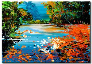 Obraz Řeka (1dílný) - krajina s barevnou přírodou nad modrou vodou