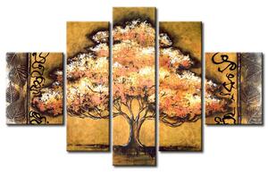 Obraz Strom naděje (5-dílný) - příroda na zlatém pozadí s motivem listů