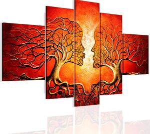 Obraz Polibek stromů (5-dílný) - abstrakce s postavami ve dřevě