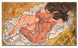 Obraz V objetí (1-dílný) - akt lásky s párem postav na žlutém pozadí