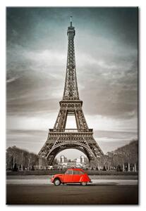 Obraz Cesta do města (1-dílný) - červené auto na pozadí Eiffelovy věže