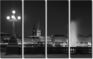 Obraz Hamburk v noci (4-dílný) - černobílá architektura města