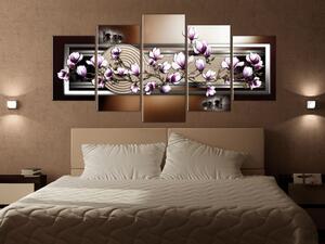 Obraz Zen zahrada a magnolie (5-dílný) - světlé květy na hnědém pozadí