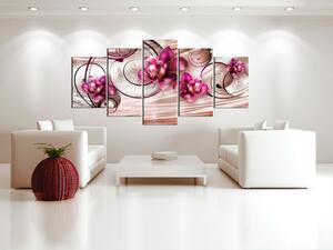 Obraz Perlový tanec (5-dílný) - abstrakce s růžovými květy orchidejí