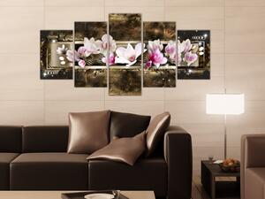 Obraz Sen o magnolii (5-dílný) - růžové květy na pozadí s efektem záření
