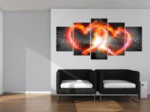 Obraz Abstrakce (5-dílný) - motiv s ohnivými srdci na černém pozadí