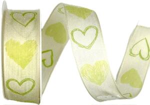 Stuha valentýnská GREEN HEART pastelově zelená 25mm x 2m (13,-Kč/m)