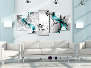 Obraz Abstrakce (5-dílný) - květiny na stříbrném pozadí s modrým efektem