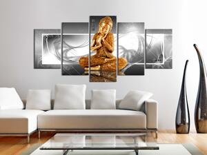 Obraz Motiv zen (5-dílný) - zlatá socha Buddy na šedém pozadí s ornamenty