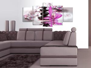 Obraz Čistota a krása (5-dílný) - fialové orchideje s kameny zen