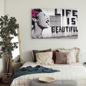 Obraz Život je krásný - Banksy (1-dílný) - mural s nápisem a ženou