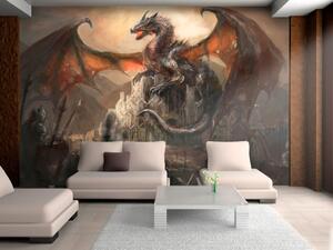 Fototapeta Drakův hrad - fantasy motiv pro děti s drakem na hradě a rytířem