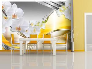 Fototapeta Žlutá cesta - moderní abstrakce květin orchidejí na stříbrném pozadí