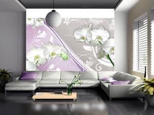 Fototapeta Bílé orchideje - květinový motiv na šedém pozadí s prvky fialové