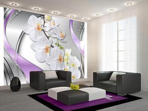 Fototapeta Orchidej ve fialové - moderní květinová abstrakce na stříbrném pozadí