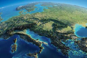 DIMEX | Vliesová fototapeta 3D mapa Evropy MS-5-1792 | 375 x 250 cm| zelená, modrá, krémová, hnědá
