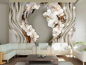 Fototapeta Abstrakce - orchidejové květy na pozadí v béžovém odstínu s perlami