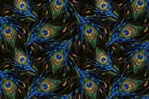 DIMEX | Vliesová fototapeta Vyšívaná paví péra MS-5-2499 | 375 x 250 cm | zelená, modrá, zlatá, černá, růžová