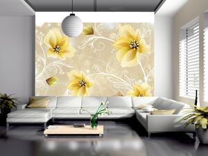 Fototapeta Květinový motiv - žluté květy na béžovém pozadí s fantazijním vzorem