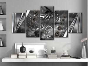 Obraz Improvizace (5-dílný) - abstrakce s leskem na stříbrném pozadí