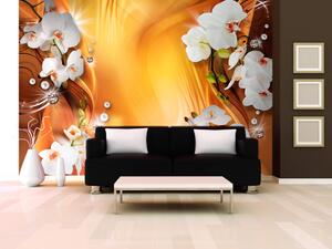 Fototapeta Kompozice s květinami - bílé orchideje na oranžovém pozadí s vzory