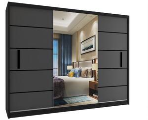 Šatní skříň 232 cm Belini černý mat / šedý mat s posuvnými dveřmi a zrcadlem MZ SZP4/2/1B/2SR1L/0/BL