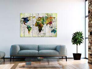 Obraz Akvarelová mapa (3-dílný) - barevná retro mapa světa na šedém pozadí