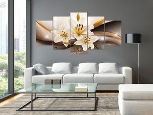 Obraz Rozkvět (5-dílný) - zlatá abstrakce s motivem květů lilie