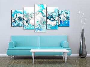 Obraz Vlna orchidejí (5-dílný) - modrá kompozice s bílými květinami