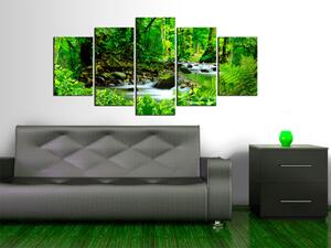 Obraz Klid v džungli (5-dílný) - zelený krajina s stromy a řekou