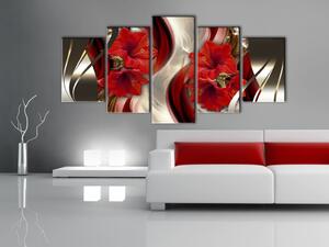 Obraz Karminové noci (5-dílný) - červená abstrakce s květem a vlnou