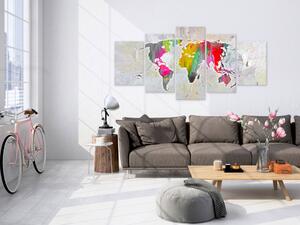 Obraz Ilustrace světa (5-dílný) - barevné kontinenty na šedém pozadí