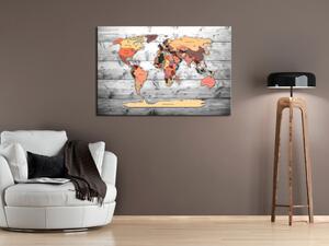 Obraz Dřevěná mapa (1-dílný) - barevná mapa světa na dřevěném podkladu