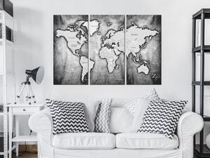 Obraz Metalická mapa (3-dílný) - retro šedá mapa světa s kontinenty