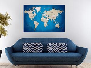 Obraz Bleděmodrý oceán (1-dílný) - modrá mapa světa s kontinenty