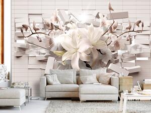 Fototapeta Květinový motiv - lilie na bílém pozadí s texturou cihel s efektem 3D