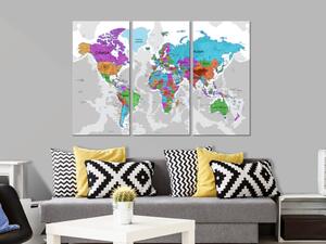 Obraz Barevné kontinenty (3-dílný) - politická mapa světa s státy