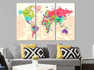 Obraz Barvy světa (3-dílný) - barevná mapa světa na růžovém pozadí