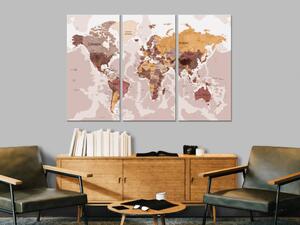 Obraz Hnědý svět (3-dílný) - hnědá mapa světa s hranicemi států