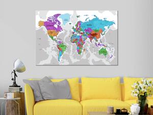 Obraz Barevné dělení (3-dílný) - barevná mapa světa na šedém pozadí