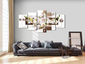 Obraz Květinová Instalace (5-dílný) - orchideje na geometrickém pozadí