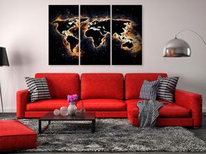 Obraz Plameny světa (3-dílný) - Ohnivá mapa světa na černém pozadí